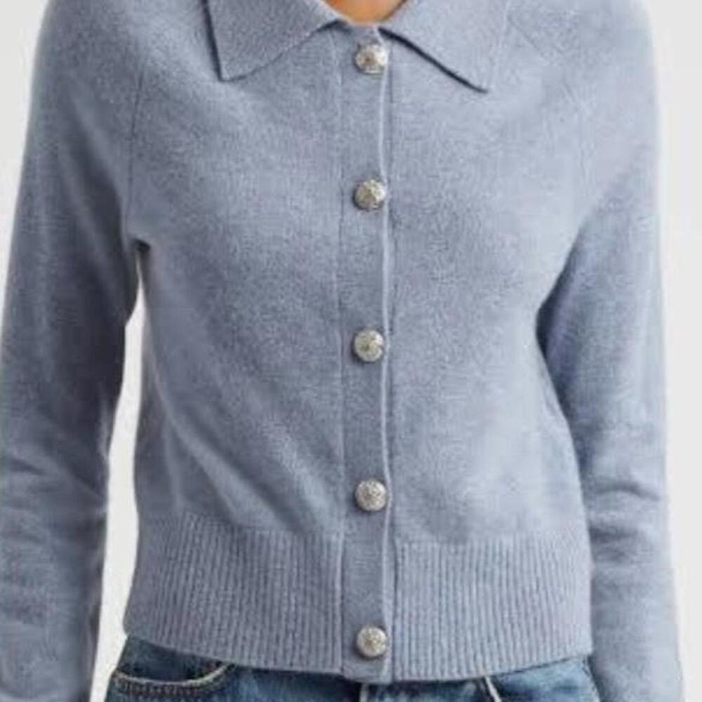 Powder blue collared polo cardigan with gold buttons
